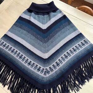 Peruvian Handcraft Alpaca Wool Poncho Turtle Neck Fringe Geo Tribal One Size